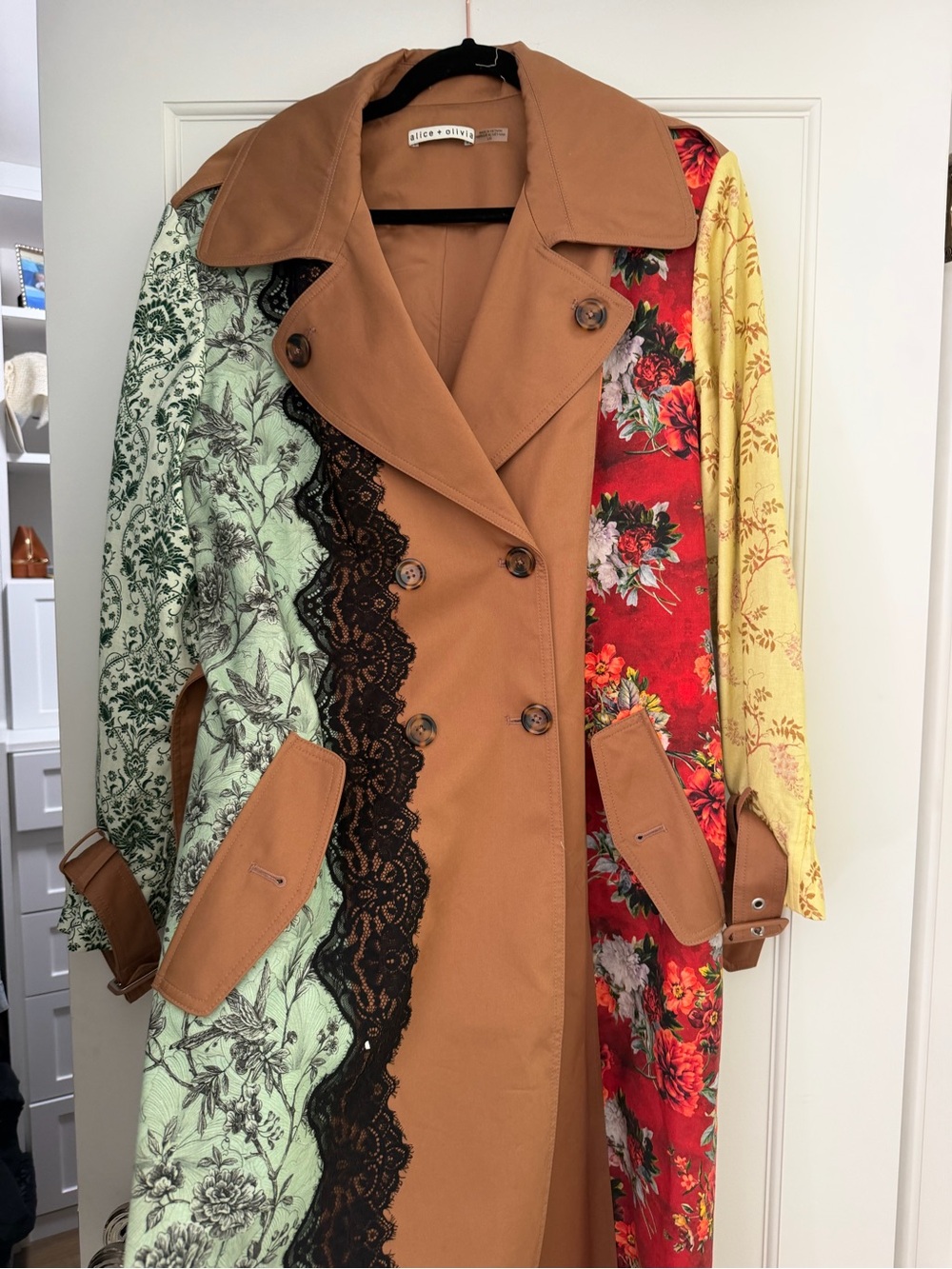 Alice + Olivia Brown Patchwork Floral Trench Coat with Red and Yellow Panels - Picture 3 of 9